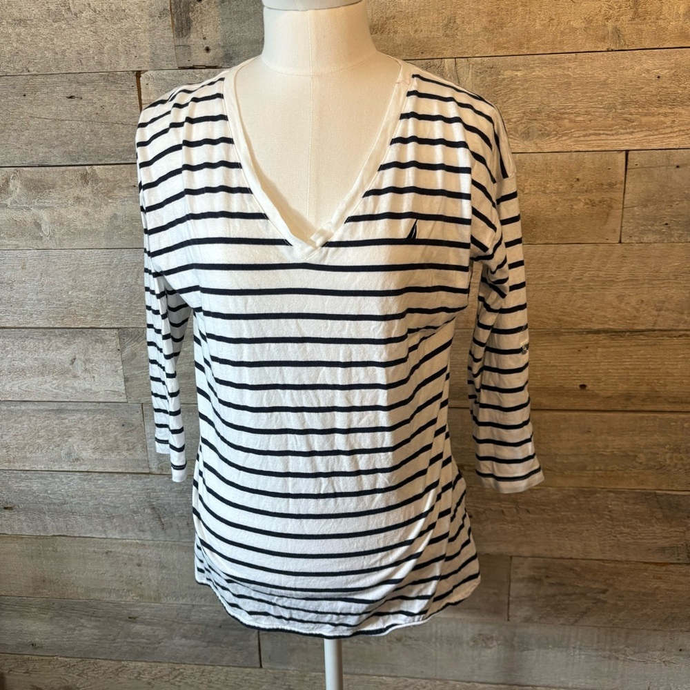 Nautical women's striped nautical roll tab sleeve cotton t-shirt in size medium
